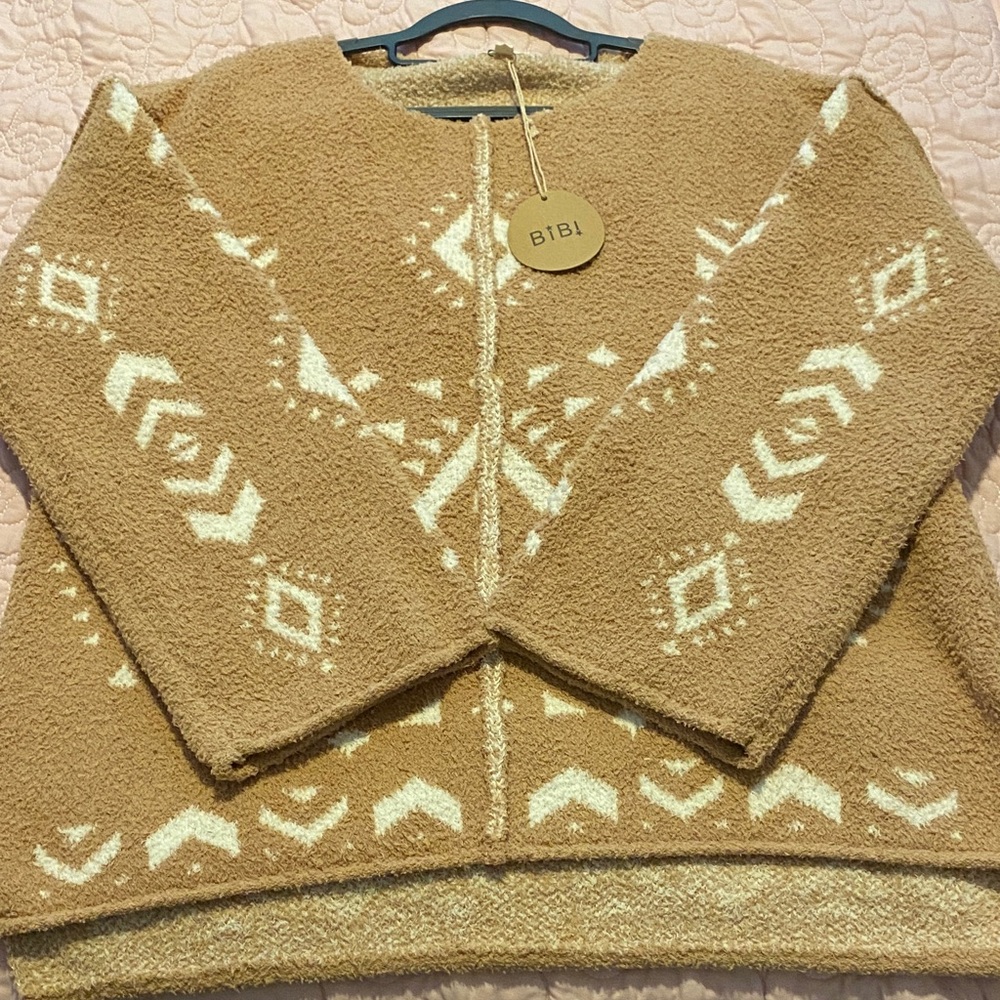 BiBi Camel and Cream Geometric Teddy Zip Cardigan Large